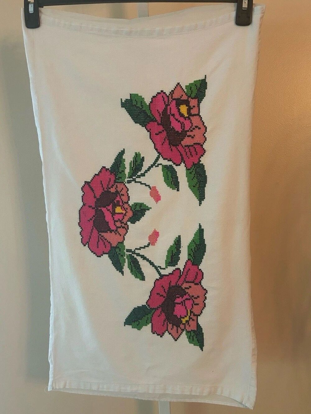 Vtg. Cottage Core Embroidered Needlepoint Pillow Case Pink Red Floral 17”x 29”